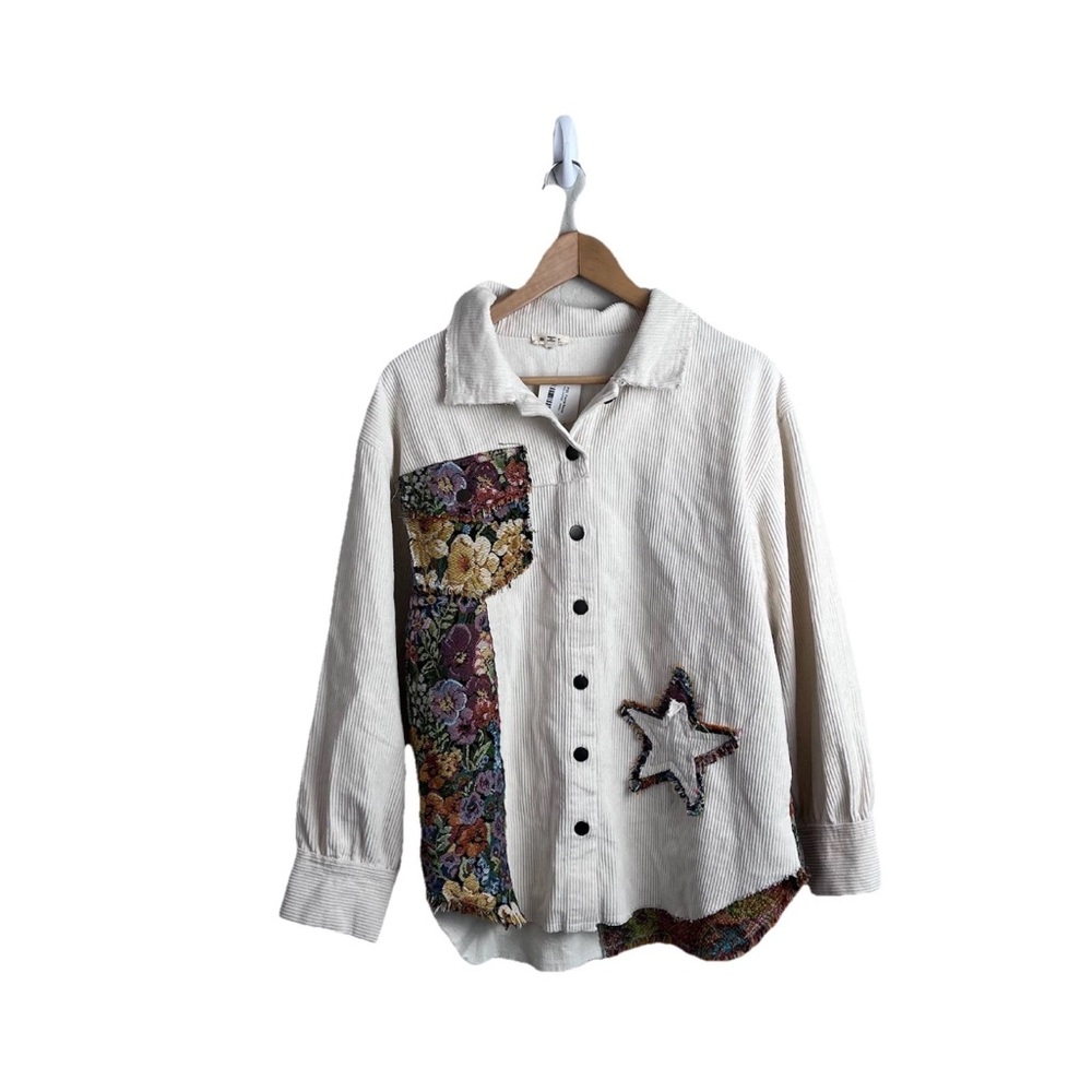 NWT NEW POL Jacket Oversized Shacket Corduroy Floral Patchwork Star